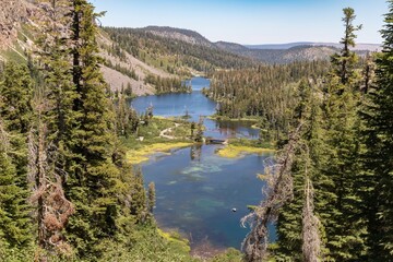 Scenic view of Twin Lakes in Mammoth Lakes, California, USA. People enjoy kayaking and boating on...