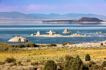 Scenic view of tufa towers rising from Mono Lake, California, USA. The unique formations attract...