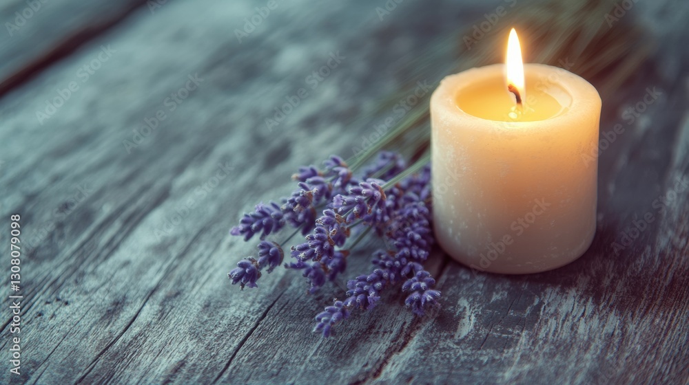 Aufkleber cozy still life of lavender sprig and lit candle on textured wooden surface with warm inviting tones