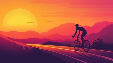 Fototapeta premium Cyclist silhouetted against a glowing sunset riding through rolling hills at golden ratio intersection Generative AI
