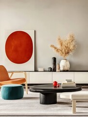 Modern Living Room Interior Design Featuring Chic Furniture Arrangement, Cozy Atmosphere with Colorful Art Elements