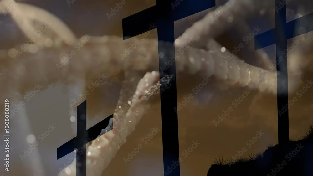 Poster animation of dna strand intertwining with crosses in cloudy sky background