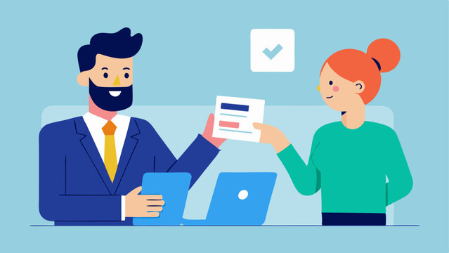 Personal Branding Materials An image showing a consultant presenting customized branding materials like business cards and resumes to a pleased client during a meeting.