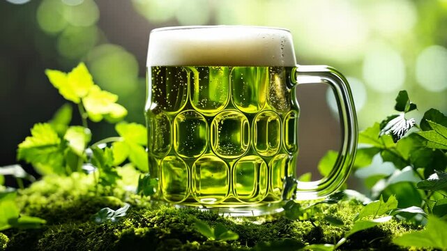 Refreshing green beverage sits on moss-covered rock surrounded by vibrant greenery in a bright and sunny environment