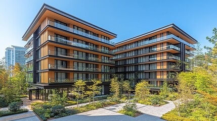 Fototapeta premium Modern apartment complex, city park setting, sunny day, landscaping