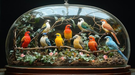 Colorful Birds in Glass Dome Display