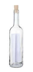 Corked glass bottle with rolled letter isolated on white