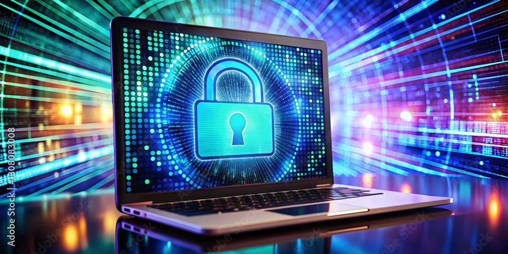 Aufkleber cybersecurity lock screen: digital matrix background, bright sharp image - stock photo