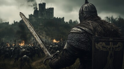 Fototapeta premium Mystical fierce brave strong knight ready for battle holding a sword personifying the strength and honor of the medieval era.