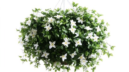 Obraz premium Hanging white flower basket, lush greenery, home decor, isolated background