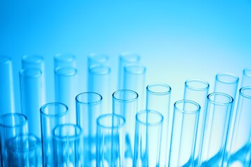 Test tubes on light blue background, closeup. Laboratory glassware