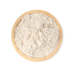 Brown rice flour in bowl isolated on white, top view