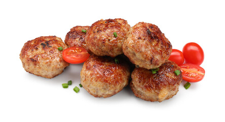 Delicious patties with cherry tomatoes and green onions isolated on white