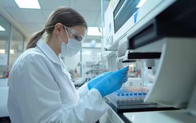 Naklejka premium A professional female scientist working in a high-tech laboratory, conducting research with precision equipment while wearing protective gear, including a lab coat, gloves, mask, and safety goggles
