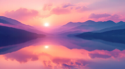 A breathtaking pink mountains during a hazy sunset, with the sky and clouds beautifully reflected on the tranquil surface of a serene lake. misty mountains. illustration. Serene - Valley. Illustration