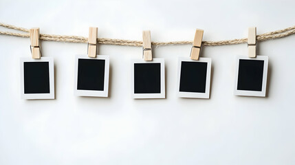 Photos hanging on rope attached with clothes pins. Blank instant photo frames with transparent place isolated on white background. Wooden clothes pegs with photography