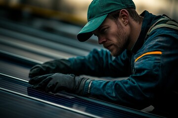 Fototapeta premium Skilled Worker Inspecting Solar Panels for Renewable Energy Solutions