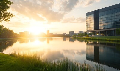 Fototapeta premium Scenic sunset over a tranquil lake with modern buildings reflecting on the water.