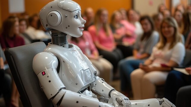 Robot attends conference, audience listens