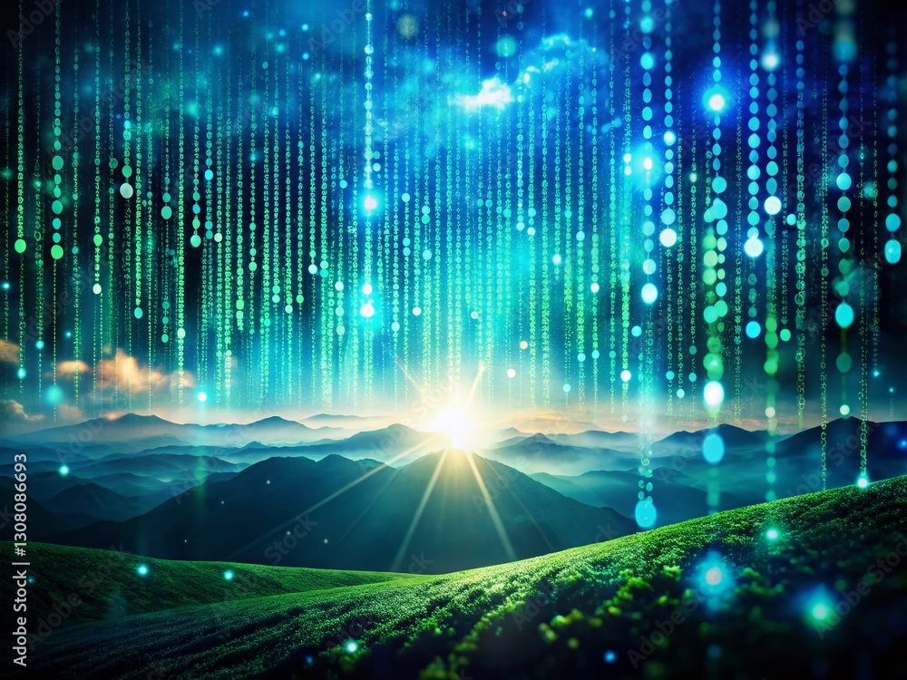 Poster data visualization: binary code & glowing blue lights on dark green background - stock photo