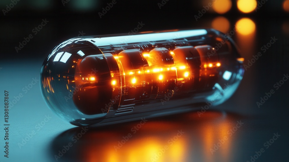 Aufkleber futuristic transparent pill bottle with glowing capsules showcases high tech design in cyberpunk aes