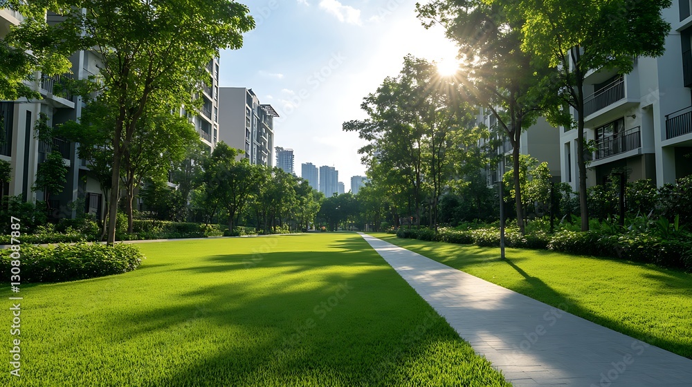 Poster sunlit urban park pathway lined with trees and modern buildings, creating a serene landscape.