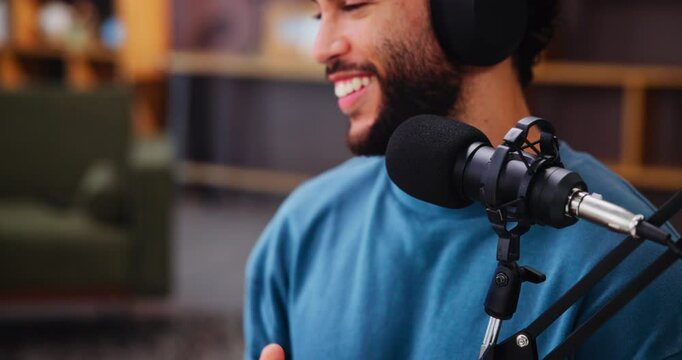 Happy man, hands and talk show with mic for podcast, live recording or online streaming at home studio. Closeup, male person or influencer with technology for news broadcast, radio or audio message