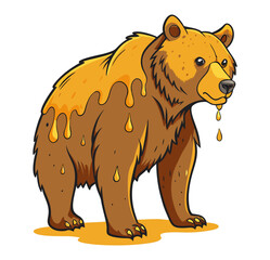 Fototapeta premium A digital illustration of a cartoon bear with honey dripping down its fur, standing against a white background.