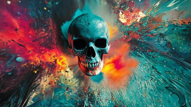 Colorful skull surrounded by vibrant paint explosions creates a striking visual effect at a contemporary art exhibit