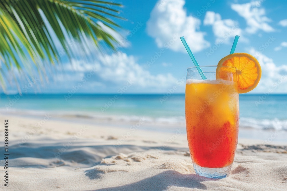 Aufkleber refreshing tropical drink on the beach during a sunny day with clear skies and calm ocean waves gene