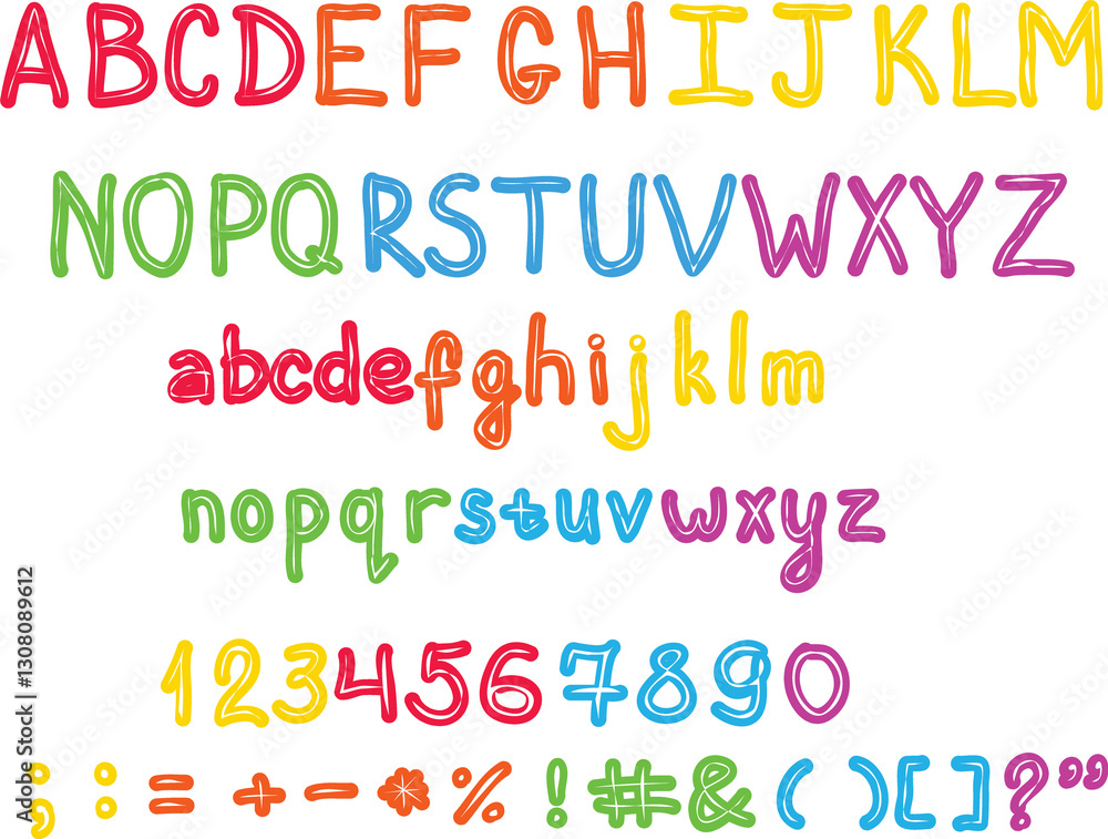 Fototapete capital and small multi-colored letters with white lines in the middle with numbers and symbols draw
