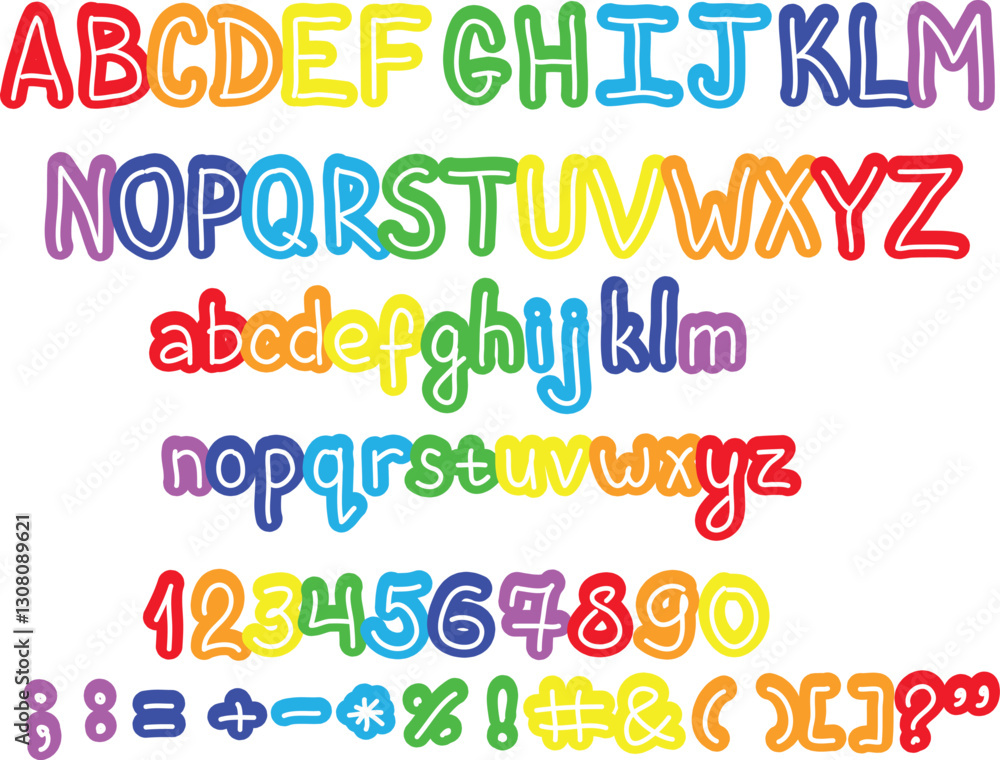 Fototapete multicolored uppercase and lowercase letters with white lines in the middle with numbers with hand-d