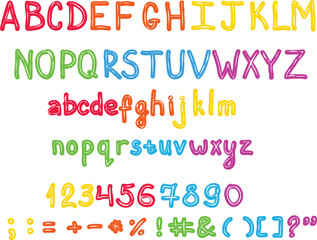 capital and small multi-colored letters with white lines in the middle with numbers and symbols drawn by hand
