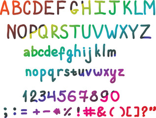 Rainbow uppercase and lowercase letters with rainbow numbers with hand drawn symbols