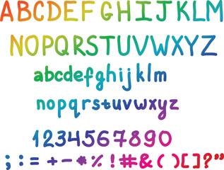 Rainbow uppercase and lowercase letters with rainbow numbers with hand drawn symbols
