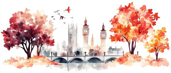 Vibrant Watercolor Painting of London s Iconic Cityscape in Autumn