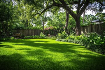A vibrant backyard scene features lush green grass and sunlit plants. A wooden bench invites relaxation in this serene outdoor oasis, perfect for nature lovers.