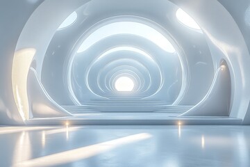 Obraz premium Futuristic Circular Stage on Abstract White Background with Light and Shadow, Minimalist Style. 