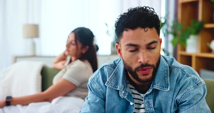 Couple, man and frustrated on sofa after fight, disagreement and toxic relationship in lounge. Home, woman and male partner with anger for argument, cheating affair and silent treatment for divorce