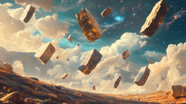 Surreal landscape with floating stones and cosmic imagery in dreamlike ethereal skies. Visionary - Library. Illustration