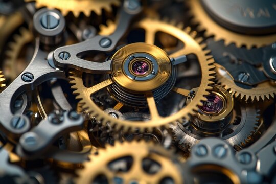 Close-up of intricate watch gears showcasing shiny gold and steel components. This image highlights the precision and artistry of watchmaking, emphasizing craftsmanship and technology.