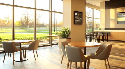 Modern cafe interior with sunlight streaming through large windows and stylish furniture.