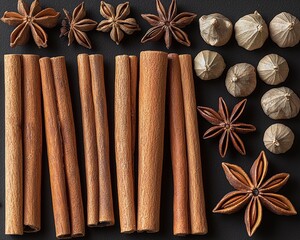 A vibrant array of various spices, including bright red paprika, golden turmeric, and earthy cumin, is artfully scattered on a sleek black surface, creating a striking visual contrast.