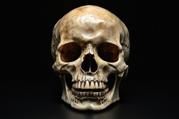 Obraz premium A detailed view of a human skull against a black background, highlighting its intricate anatomical features and realism, suitable for education, art, or symbolism.