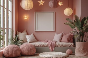 Empty White Frame Mockup in Girl's Nursery with Pink Walls, Star-Shaped Lanterns, and Grey Wooden Bed.
