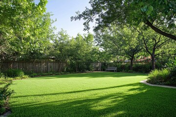 A lush green backyard filled with healthy grass surrounded by vibrant trees and blooming plants. A wooden bench adds a cozy touch, making it an inviting space for relaxation and outdoor enjoyment.