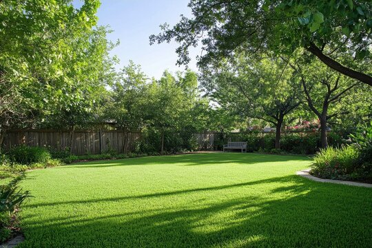 A lush green backyard filled with healthy grass surrounded by vibrant trees and blooming plants. A wooden bench adds a cozy touch, making it an inviting space for relaxation and outdoor enjoyment.