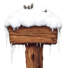 A cozy wooden signpost with a snow-covered top, sketched digital art style, rough wood texture with subtle cracks, transparent background, PNG