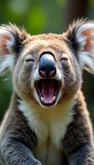 Close-up of cute koala with eyes closed, showing teeth while yawning, koala, fur