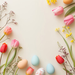 Easter tulips and eggs with delicate wildflowers. Spring greeting card concept  

